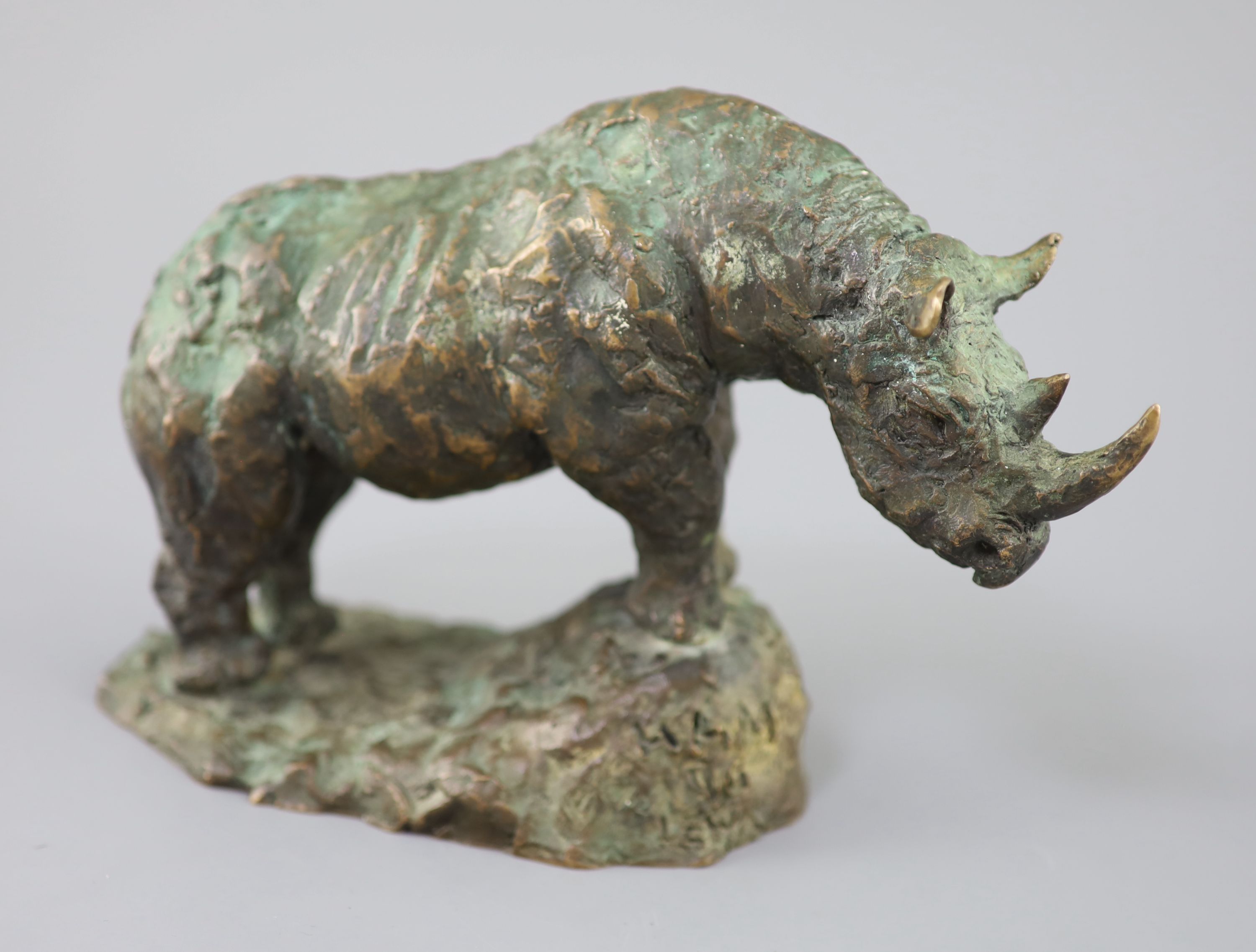 § Hamish Mackie (1973-). A bronze model of a rhinoceros, length 9.5.in. height 6.25in.